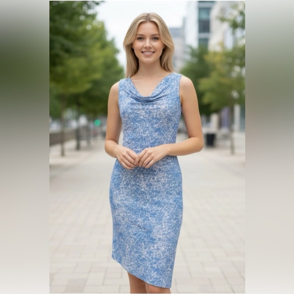 FRENCH CURVE Women’s Size M Blue Vintage Cowl-neck Asymmetrical Hem Sheath Dress - Picture 1 of 4